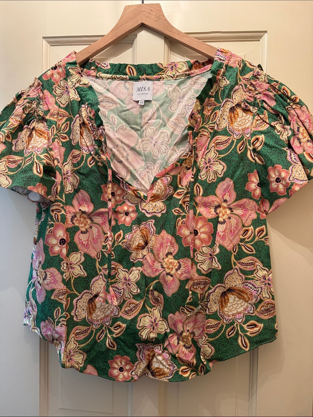 Misa Los Angeles Green Floral Tie-Front Blouse with Pink & Cream Accents